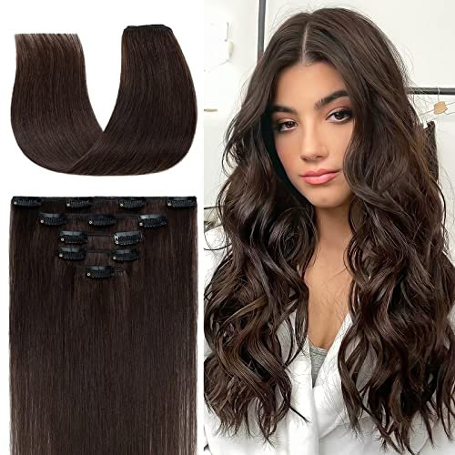 TESS Braun Echthaar Extensions Clip, 5PCS Doppelt Tressen #2 Dunkelbraun Clip in Extensions Echthaar Glatt Remy Echthaar 60g 40 cm Haarverlängerung Echthaar Clip