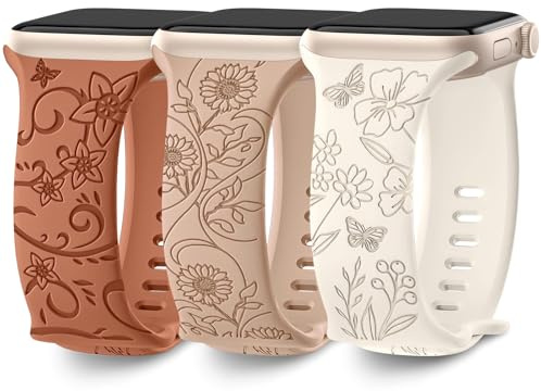AMSKY 3 Stück Floral Gravierte Band Kompatibel mit Apple Watch Armband 40mm 44mm 42mm 46mm 41mm 45mm 38mm 49mm Damen, Silikon Kompatibel mit iWatch Armband Series 11 10 9 8 7 6 5 4, SE 3 2 1