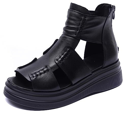 Micoklinlin Sandali da donna estivi in vera pelle sandali stivali cerniera punta aperta sandali piattaforma per ragazze, nero, 37 EU
