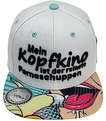 Outfitfabrik Snapback Cap Mein Kopfkino ist der reinste Pornoschuppen in weiß, Schirm mit Banane-Motiv, 3D-Stick in schwarz, für Männer und Frauen, One Size, verstellbar