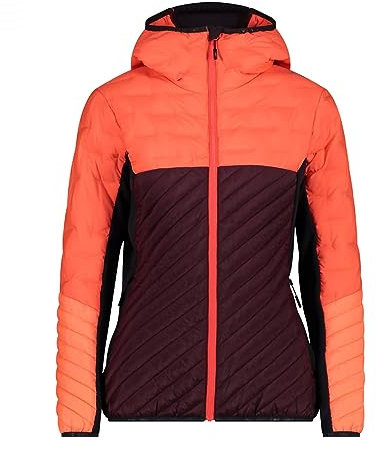 CMP W Jacket Hybrid Fix Hood Mini Ripstop Colorblock-Orange-Rot - Daunen Wasserabweisende robuste Damen Isolationsjacke,