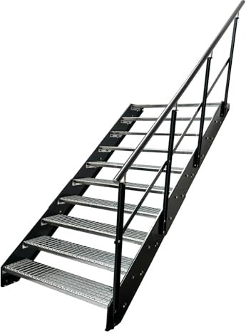 Kaminbau Mierzwa Premium Stahl Treppe mit Geländer rechts/Wangen und Geländer Anthrazit RAL 7016/10 Stufen verzinkt (Breite 1400 mm) (Höhe 190 cm) Wetterfest Gitterroststufe Gartentreppe