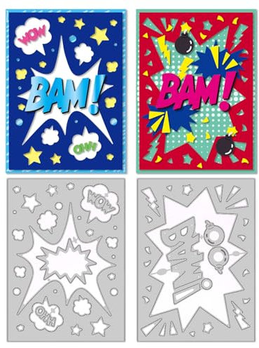 DELORIGIN 2 Stile Comic BAM Burst Stanzformen Grußkarte Stanzformen Karbonstahl Stanzformen Schablonen Kartenherstellung Scrapbooking Prägeschablone Stanzformen für DIY Papier Handwerk Alben