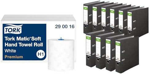 Tork Matic weiches Rollenhandtuch Premium 290016 - H1 Premium Handtuchrollen für Rollenhandtuchspender & Original DINOR Ordner-Wolkenmarmor-Recycling - Made in Germany. 10er Pack 8 cm