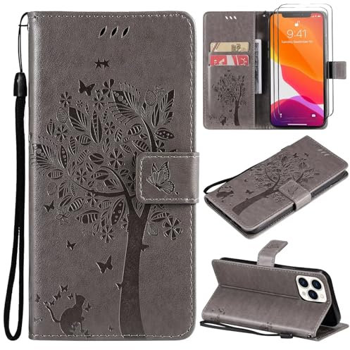 Beajew Handyhülle für iPhone 5/5S/iPhone SE 2016 mit Panzerglas Schutzfolie, [Standfunktion] [Kartenfach Wallet] Premium Leder Schutzhülle Flip Case Stoßfeste Klapphülle-Grau