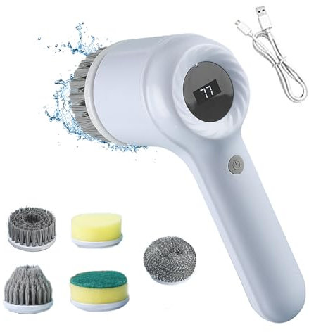 Electric Dish Buddy, Electric Spin Scrubber with 5 Brush Heads, 360° Rotating Multifunctional Cordless Handheld Electric Cleaning Brush for Tub, Tile, Sink, Dish, Window, Kitchen #11 (Light Grey)