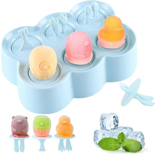 Funmo Eisformen Kinder Silikonform für Eis am Stiel, 6 Stück, BPA-frei, Vogel, Eule, Bär, Blau