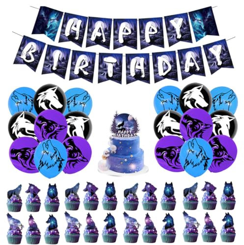 SUNSK Geburtstagsballons Wolf Tier Luftballons Runde Latexballon Happy Birthday Girlande Wolf Kuchen Topper Geburtstag Deko für Jungen 44 Stück