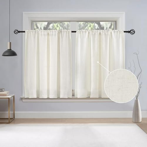 CUCRAF Kitchen Curtains Linen Blend, W 48 x L 42 Inch 2 Panels Cafe Curtains for Small Windows, Short Lightweight Curtain for Rod Pocket Kitchen Sink Cupboard Bathroom, Light Beige