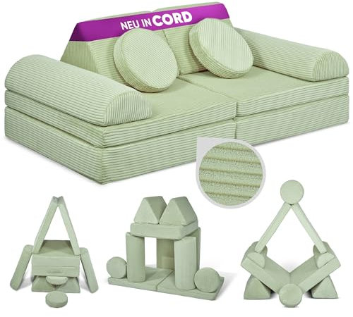 Linodino® Spielsofa Cord Fantasiewelt, Kindersofa-Bausteine - Stapelsteine für Kinder - Kindercouch, Sofa-Kuschelecke | Schaumstoff-Softbausteine | Oeko-TEX 100 Zertifiziert | Avocado Grün