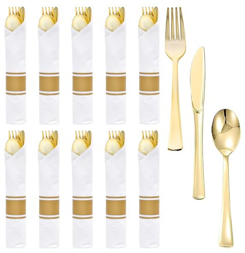 Disnace 10 Pack Plastic Cutlery Set, Elegant Plastic Silverware, Reusable Flatware, Tableware & Camping Cutlery Combo with Spoon, Knife, Fork Sets Wrapped in White Napkin (Gold)