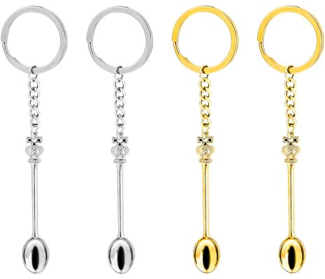 Prasacco 4 Pieces Mini Crown Spoon Keychain, Mini Spoon Teaspoon with Keyring Pendant Key Ring Teaspoon Keyring Crown Teaspoon Mini Spoon for Filling Vials with Salts, Sand, Glitter (Gold+Silver)