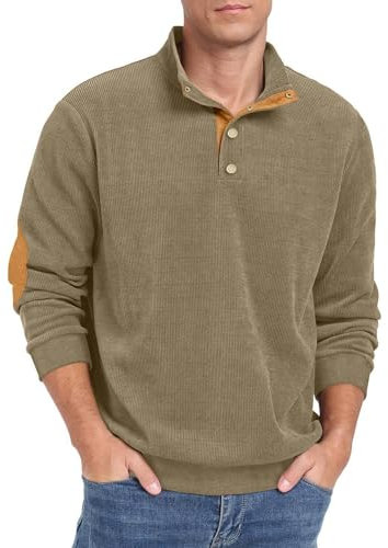 Hisir Mens Corduroy Sweatshirts Henley Neck Snap Buttons Stand Collar Long Sleeve Winter Sweatshirt Tops (Army Green,L)