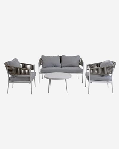 Salotto da Giardino Raul Set 4 Pezzi in Alluminio Effetto Legno e Corda Sintetica, Divano 2 Posti, 2 Poltrone e Tavolino Rotondo, Cuscini Grigi