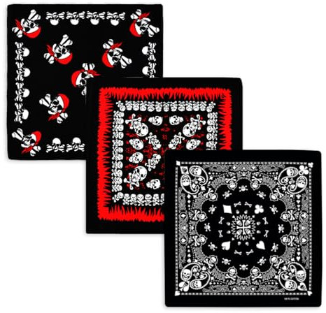 WeddHuis 3 Stück Halloween Schädel Paisley Bandanas, Stirnband Kopftücher, Piraten Bandana mit Doppelseitigem Weiß Totenkopf Bandanas für Herren Damen Kinder Kostüm Zubehör (Schwarz)
