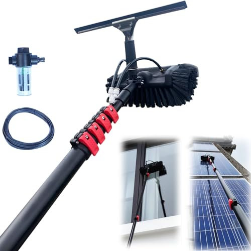 Poteau de nettoyage télescopique de 10,8 m avec tuyau d'alimentation en eau - Panneau solaire extensible et brosse de véranda pour nettoyage de fenêtres et de toits