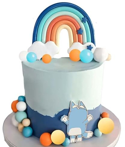 Blue Rainbow Cake Toppers, Qoadwem 14pcs Blue Rainbow Cake Toppers With Blue Orange White Balls For Blue Dog Birthday Cake Decorations Baby Shower Party Supplies