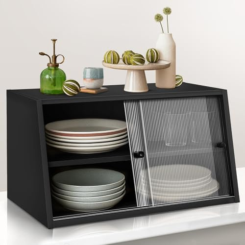 Small Kitchen Pantry Countertop Cabinet, Mini Countertop Cabinet with 2 Sliding Acrylic Doors, 23.6 Small Kitchen Pantry Sideboard, 2 Tier Countertop Storage Cabinet for Dish, Bowl(Black)