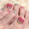 Fake Toe Nails, 24Pcs False Toe Nails with Glue, Short Square Stick on toenails with Watermelon Pattern Rhinestone, Acrylic Full Cover Fake Toenails Nail Art for Women Girls (Pink Green)
