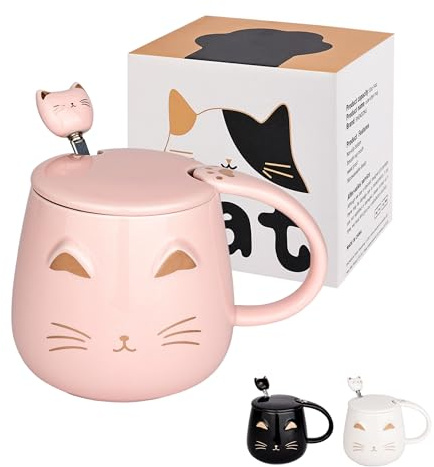 OPTVTAVITA Cute Cat Mug Ceramic Coffee Cup with Kawaii Lid and Lovely Stainless Steel Spoon Novelty Morning Cup Coffee Milk Tea Mugs - 3D Animal Mugs for Cat Lovers Women Gifts (Pink)