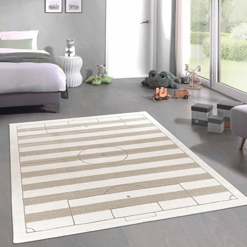 CARPETIA Teppich Kinderzimmer Spielzimmer Babyzimmer Fußballfeld-Muster Hoch-Tief-Optik pflegeleicht weich schmutzabweisend langlebig robust kindgerecht Creme Beige 140 x 200 cm