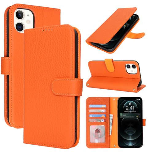 Zouzt Leather Wallet Case for iPhone 12/12 Pro (6.1), 4 Card Slot, Orange | Genuine Leather, Card Holder, Shockproof TPU Shell, Magnetic Closure, Protective Flip Folio Phone Cover, For Women Men
