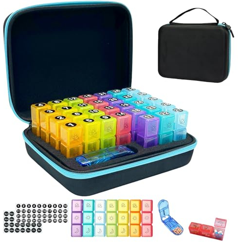 Pilulier Mensuel Portable 31 Jours 3 Fois par Jour pour Personnes Âgées | Boîte à Pilules avec Coupe-Pilules et Étui de Voyage,Organiseur de Médicaments pour Compléments Alimentaires(Bleu)