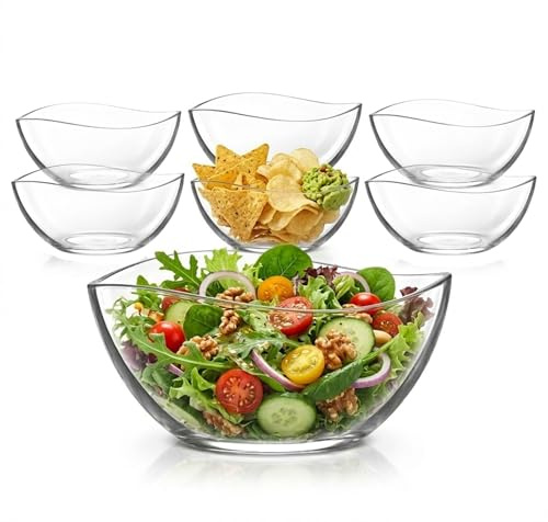 vienberg Glasschalen Set 7-teilig, 6 kleine Schalen 310 ml + 1 große Schüssel 1880 ml, Servierschalen für Snack, Müsli, Dessert, Salat, Wellenform, bleifrei, Dessertschale Glasschüssel