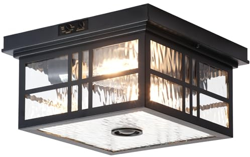 CALOKES Außen-Deckenleuchte mit Bewegungsmelder, bündige Montage. Quadratische schwarze 2-flammige Deckenlampe mit Wasserwellen-Glas, E27-Fassung, ideal für Veranda, Eingangsbereich und Garage