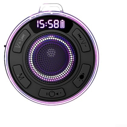 Hasaller IPX7 Enceinte de douche étanche avec son équilibré à 360° RVB Radio FM et ventouse amovible pour salle de bain, piscine ou voyage Noir ou rouge 1100 mAh (Noir)