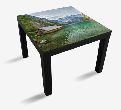 Wallario Möbelfolie selbstklebend/Aufkleber, Tischfolie geeignet für IKEA Lack Tisch - Möbeldeko Berghütte an See in 55 x 55 cm