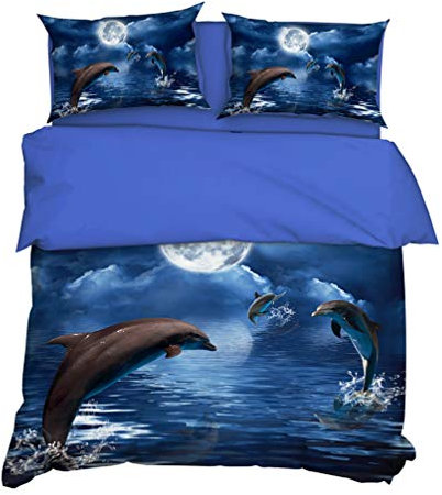 Bettwäsche Set Kinder 3D Blue Sea World Design, Schöne Meerjungfrau Korallen Delfine Conch Schildkröte Seestern, Polyester Bettbezug Und Kissenbezug (Delphin, Single 135x200cm)