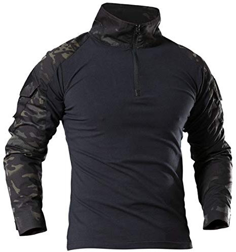 Men's Military Tactical Long Sleeve Shirt Breathable Hunting Combat T Shirts Quick Dry Outdoor Tops 1/4 Front Zip Camouflage Airsoft Shirts Black CP S