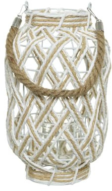 M- Windlicht Glas 30cm x 1 Stück mit Henkel aus Papierseil Teelicht Kerzenhalter Dekorative Laterne aus geflochtenem Seil mit Glas im Inneren Teelichthalter 18 x 30 cm