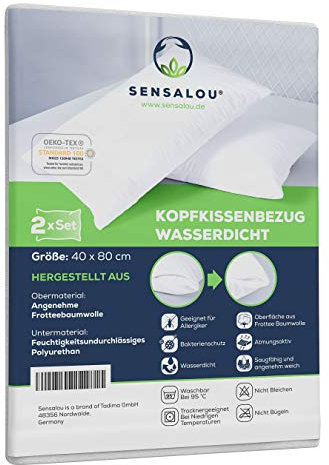Sensalou Kissenbezug wasserdicht 2er Set in 7 Größen - 40x80 cm Kopfkissenbezug weiß mit Reißverschluss - Allergiker Kopf-Kissen-Hülle milbendicht