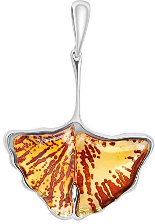 ANDANTE Premium Collection - Echter OSTSEE Bernstein Kettenanhänger in 925 Sterling Silber ** Ginkgo Blatt ** Zertifiziert - Gold des MEERES - Farbe COGNAC