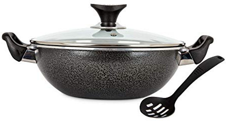 Casa D' Or 36cm Black Non Stick Cooking Aluminium Wok Deep Frying Pan Dual Handle Glass Lid with Ladle