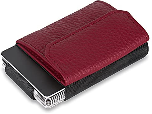 Jaimie Jacobs Minimalist Wallet Nano Boy Pocket Mini Geldbörse aus Textil mit Zugband schmaler Kartenhalter für Herren und Damen (Genarbtes Leder Rot)