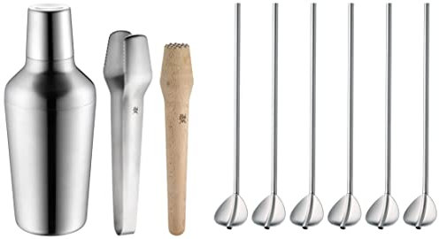 WMF Matroschka Cocktail Set 5-teilig, Barset mit Edelstahl Cocktail Shaker 700ml, Barmaß, Cocktail Sieb & Cocktaillöffel Set 6-teilig, Strohhalm Löffel 20 cm, Löffel mit Strohhalm