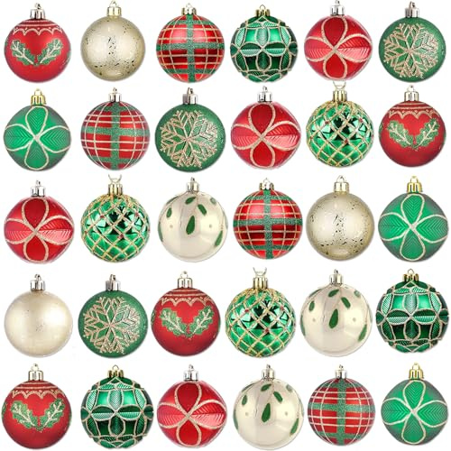 Weihnachtskugeln Kunststoff Rot Grün 30er Set 60mm mit Aufhänger Kunststoff Bruchsicher Christbaumschmuck Christbaumschmuck