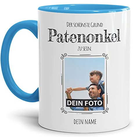 Tasse mit Spruch - Der schönste Grund Patenonkel zu sein - Personalisierbare Keramiktasse mit Namen und Foto - Geschenk Patenonkel - Innen & Henkel Hellblau, 300 ml