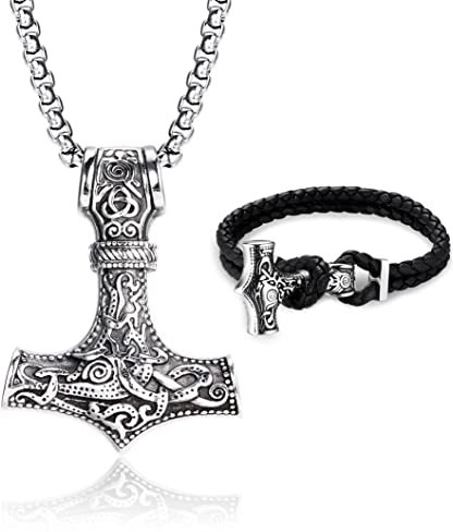 Milacolato Thors Hammer Halskette Wikinger Armband für Herren Schwarz/Silber Mjölnir Anhänger Edelstahl Thors Hammer Kette mit Leder Thors Hammer Armband Set Wikingerschmuck für Herren Silber
