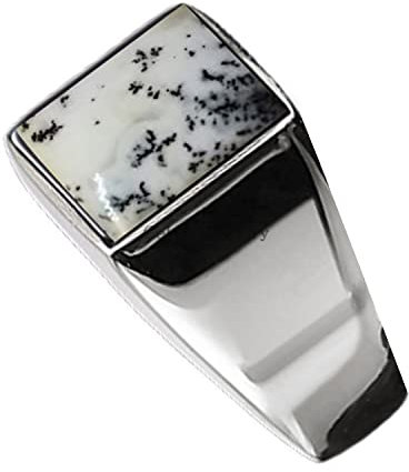 Solid 925 Sterling Silver Ring for Men, Natural Dendritic Opal 12MM Gemstone Signet Ring, Antique Handcrafted Jewelry