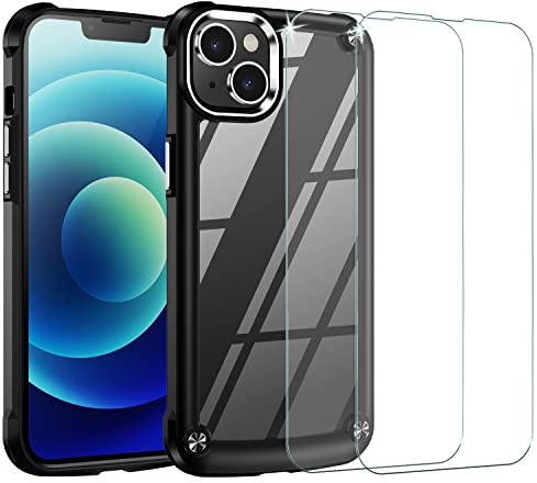 TECHGEAR iPhone 14 Plus Tough Case, [Fusion Armour] + 2 Pack Glass Screen Protector, Premium Hybrid Rugged Protective Bumper Case Heavy Duty Protection, Clear Back Designed For iPhone 14 Plus - Black