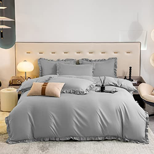 ELEH Bettwäsche mit Rüschen Set Hell Grau Hellgrau 135x200 cm 1 Bettbezug mit 80x80 cm 1 Kissenbezug 2 Teilig Weich & Aesthetic Flauschige mit Reißverschluss