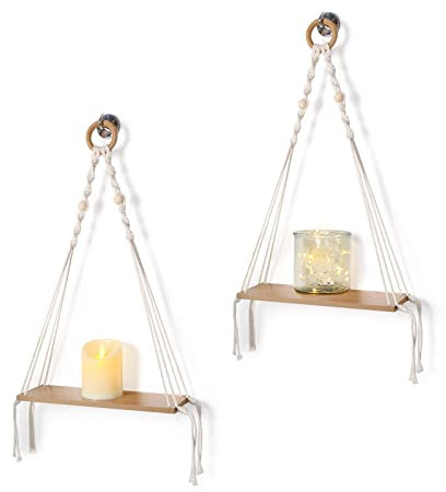 CIOUYAOS Floating Shelves Wall Decor, Decorative Home Accessories Boho Macrame Rope Wooden Art Rustic Mounted White Small Hanging Shelf for Living Room Bedroom Nursery Home House Kitchen (Triangle)