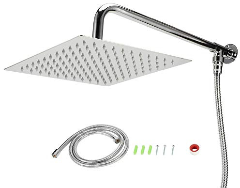 Tyenaza Cabezal de Ducha de Lluvia de Alta Presión de 9,8 Pulgadas con Soporte/Manguera, Cabezal de ducha de Lluvia Cuadrado de Acero Inoxidable de 25 cm con Rosca G1/2, Cabezal de Ducha de Pared