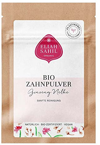 ELIAH SAHIL Bio-Zahnpulver 5g (2er-Pack) – 100% natürlicher und veganer Zahnreiniger mit Ginseng, Nelke und Ashwagandha, plastikfrei, wohltuende Mundpflege für Erwachsene und Kinder, geschmacksneutral
