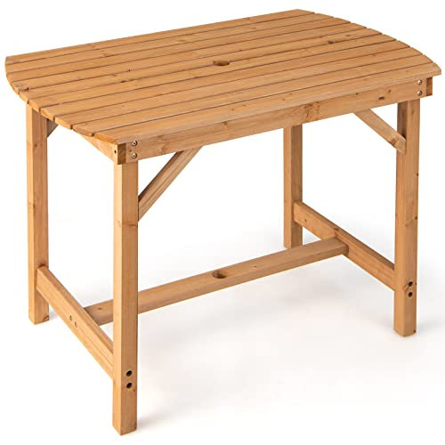 Giantex Gartentisch mit Schirmloch, Outdoor Esstisch aus Holz, Balkontisch 100 x 60,5 x 75 cm, für Garten Balkon Terrasse