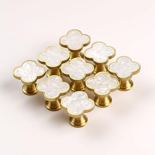 EVERGD 27mm Pure Copper Handle Shell Brass Gold Wardrobe Kitchen Cabinet Door Knobs Drawer Cupboard Hardware Pull Handle Clothes Coat Hook Modern Simple (9, Four-Leaf-Pear White)